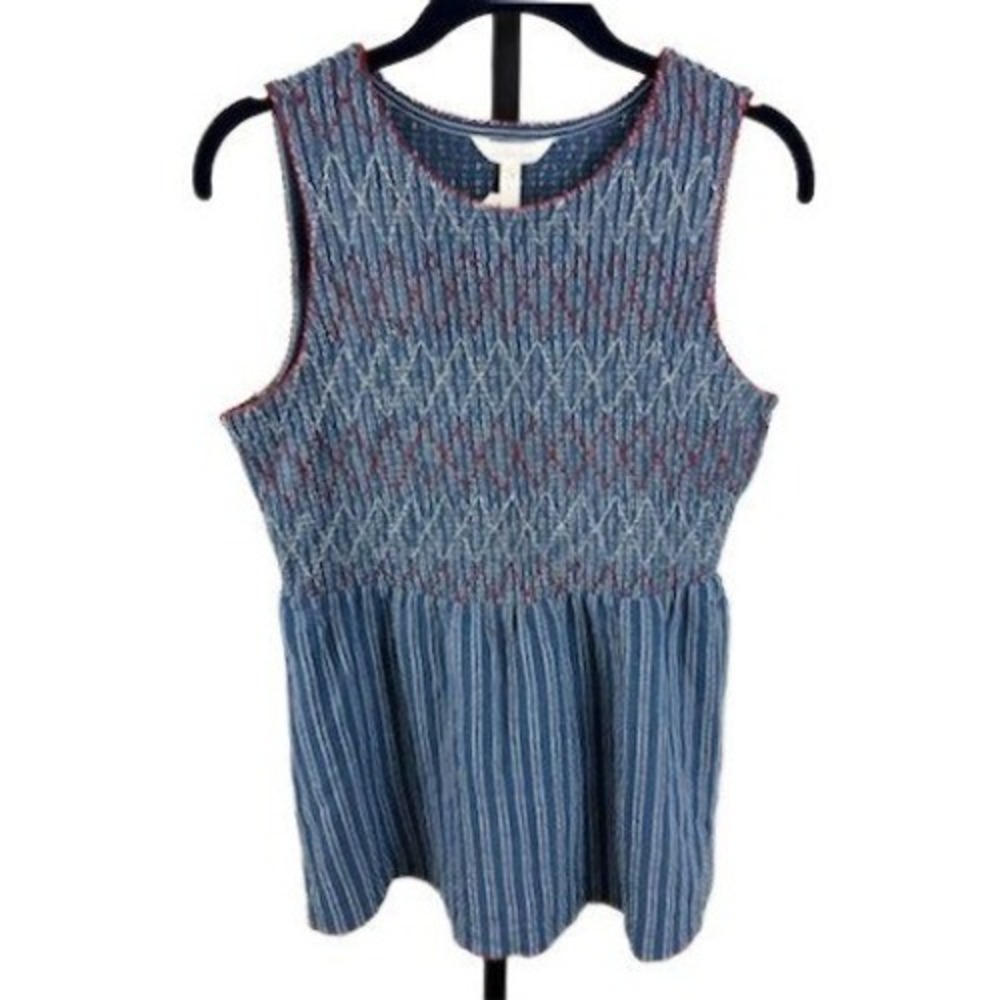 Matilda Jane Women's Size Small Blue Smocked Knit Peplum Top Ruffle Trim Tunic
